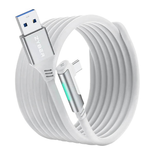 Кабель ZyberVR для Oculus Quest 3, Quest 2, Pico 4 со светодиодным индикатором (5 метров / белый)